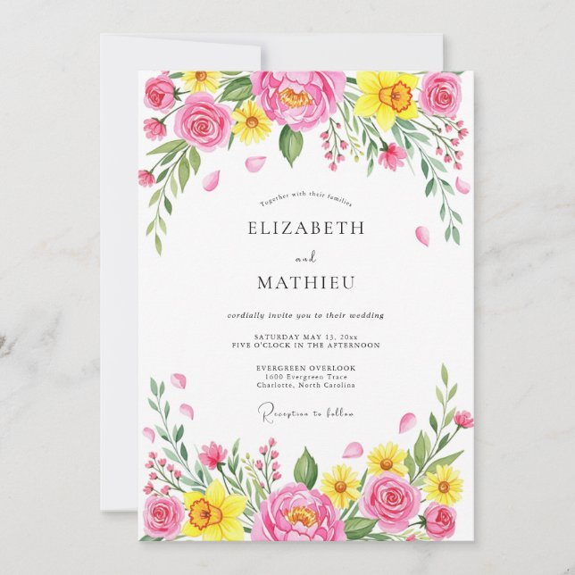 Convite Pink Cheerful Spring Meadow Wedding (Frente)