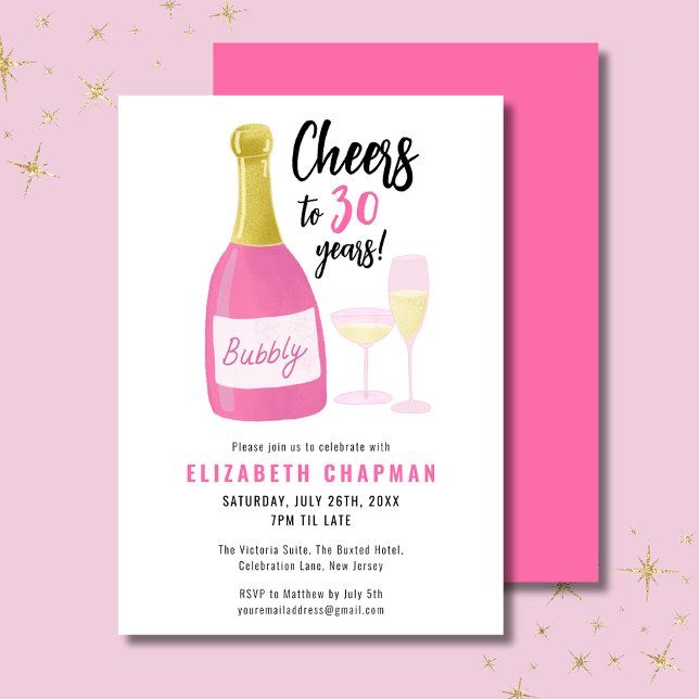 Convite Pink Cheers to 30 anos de festa de aniversário de  (Cheers to 30 years pink champagne  30th birthday invitation.  Full 30th birthday party range.)