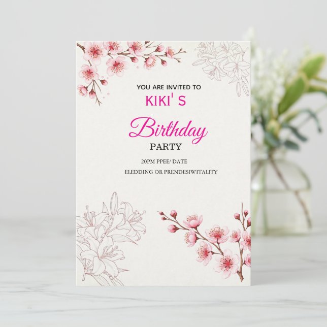 Convite Pink Cherry Blossom Birthday Invitation | Watercol (Em pé/Frente)
