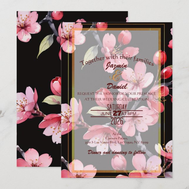 Convite Pink Cherry Blossoms Black Backgroud  Invitation (Frente/Verso)