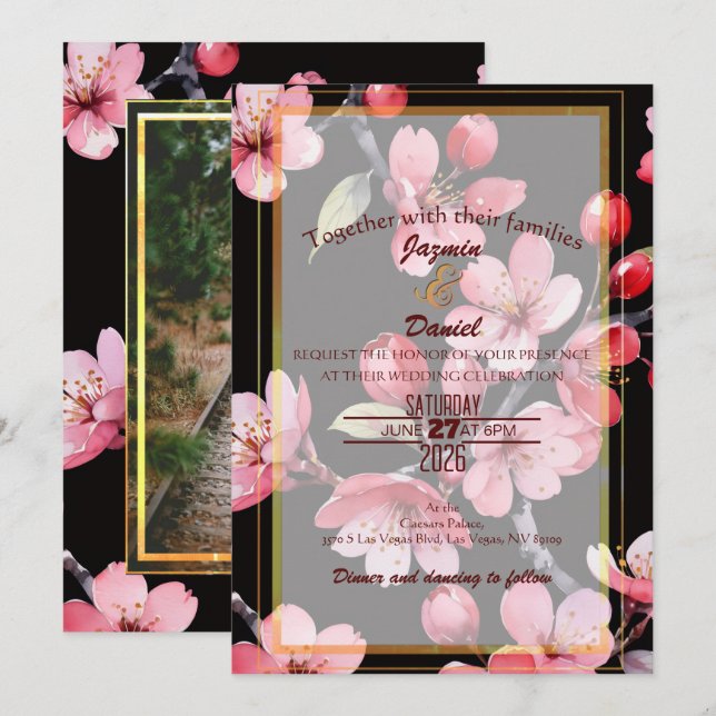 Convite Pink Cherry Blossoms Black Photo Box Invitation (Frente/Verso)