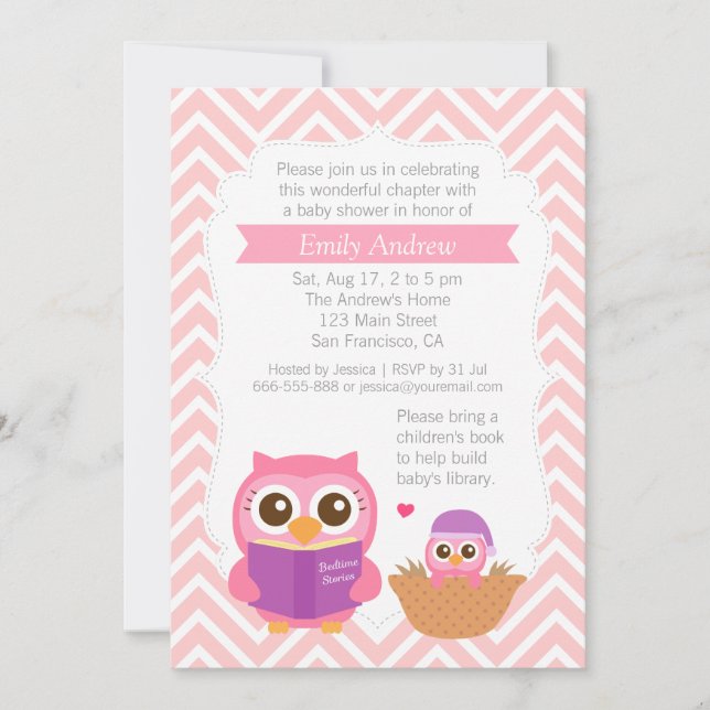 Convite Pink Chevron Book Themed Owen Party (Frente)