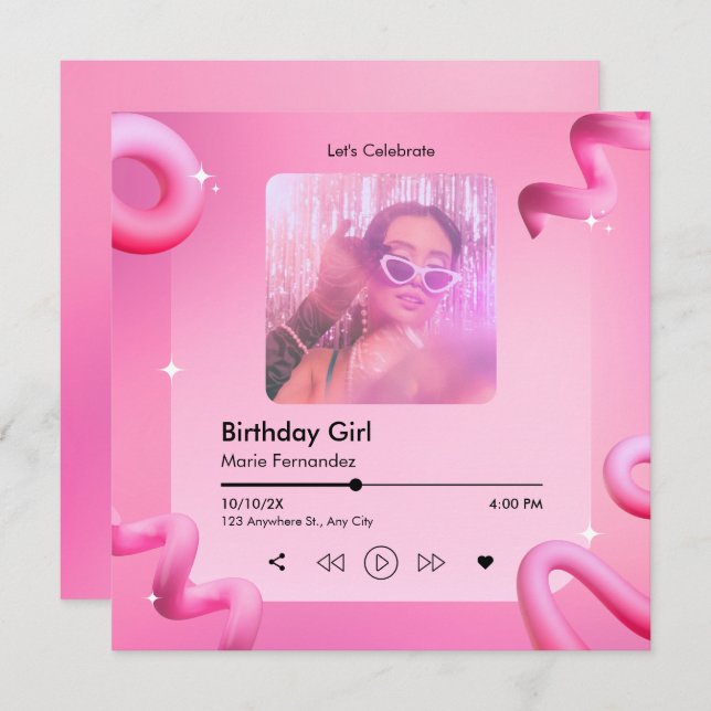 Convite Pink Chic Music playlist cobrir foto aniversário (Frente/Verso)