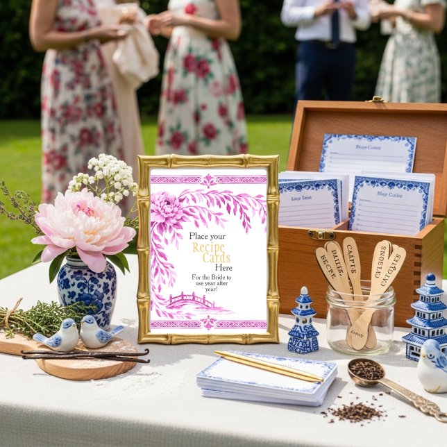 Convite Pink Chinoiserie Recipe Cards Here Sign (Pink Chinoiserie Recipe Cards Here Sign)
