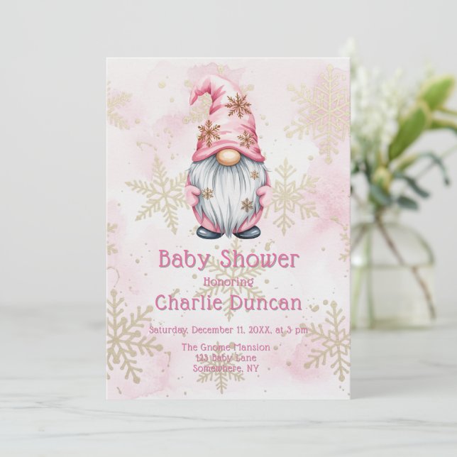 Convite Pink Christmas Gnome Gold Snowflakes Baby Shower (Em pé/Frente)