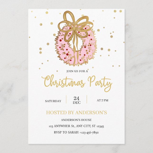 Convite Pink Christmas Wreath With gold bow  (Frente)