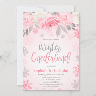 Convite Pink Cinza Floral Winter ONEderland 1º Aniversário