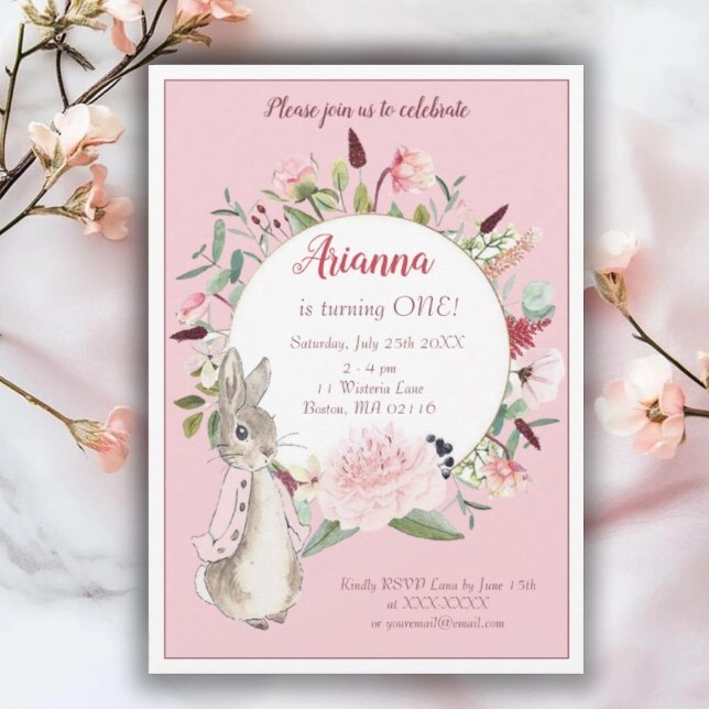 Convite Pink Clássico Peter Rabbit Floral Aniversário (Criador carregado)