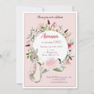 Convite Pink Clássico Peter Rabbit Floral Aniversário