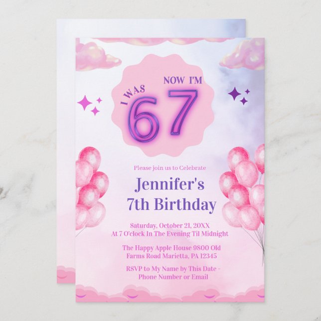 Convite Pink Cloud “I Was 6 Now I’m 7” Girl Birthday (Frente/Verso)