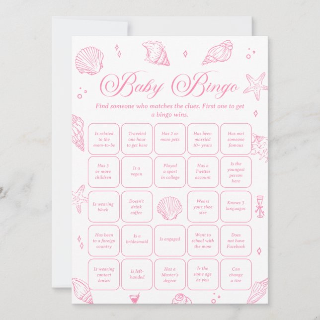 Convite Pink Coastal Baby Shower Find the Guest Bingo Game (Frente)
