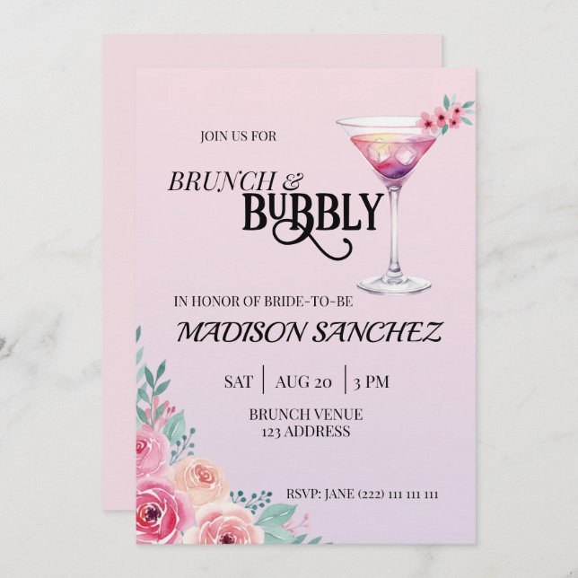 Convite Pink Cocktail Brunch and Bubbly Bridal Shower  (Frente/Verso)