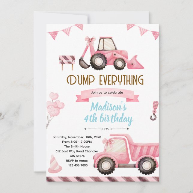 Convite Pink Construction Birthday Invitation (Frente)
