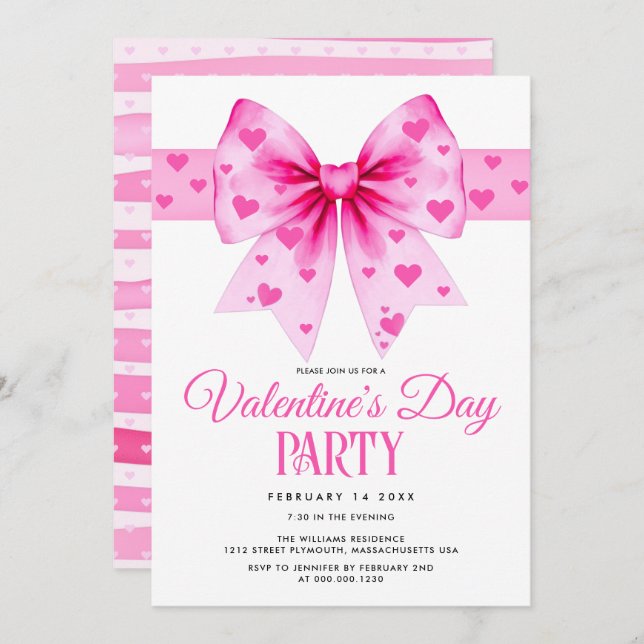Convite Pink coquette bow and hearts Valentine's Day party (Frente/Verso)