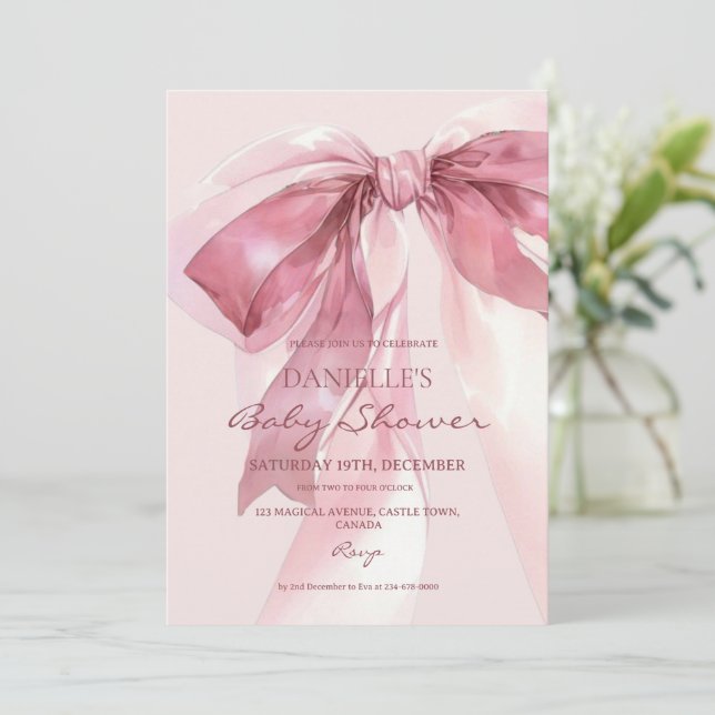 Convite Pink Coquette Bow Baby Girl Shower (Em pé/Frente)