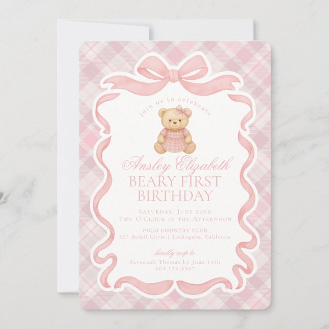 Convite Pink Coquette Bow Bear Beary First Birthday (Frente)