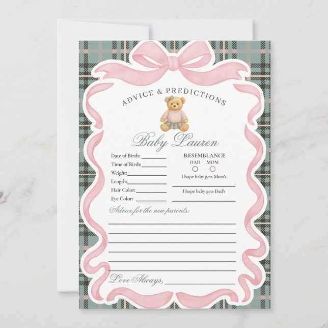 Convite Pink Coquette Bow Bear Girl Advice for Baby Card (Frente)