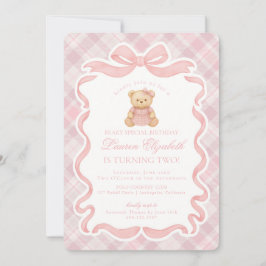 Convite Pink Coquette Bow Bear Tartan Plaid Birthday