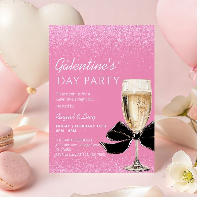 Convite Pink Coquette Bow Galentine's Day Party (Black coquette bow Galentine's Day Party Invitation)