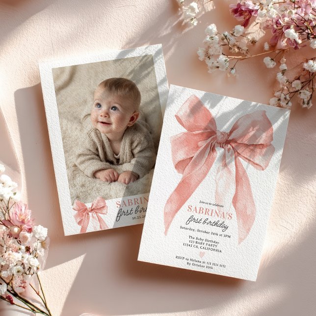 Convite Pink Coquette Bow Girl 1st Birthday Party Photo (Pink Coquette Bow Girl 1st Birthday Party Photo Invitation)