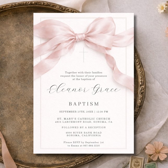 Convite Pink Coquette Bow Girl Baptism (Criador carregado)