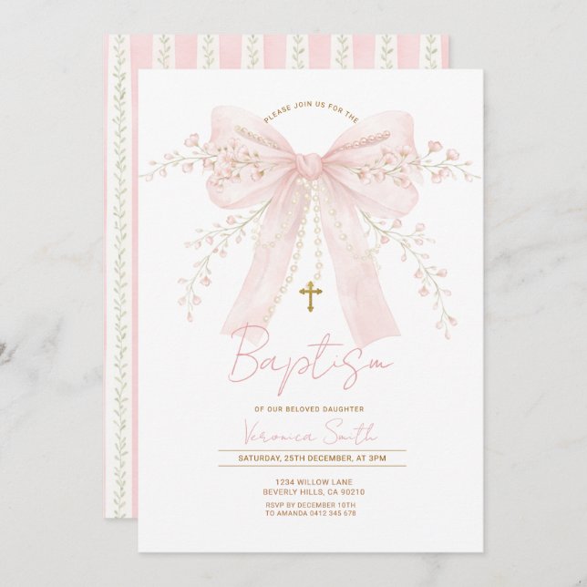 Convite Pink Coquette Bow Pearls Baptism Christening (Frente/Verso)