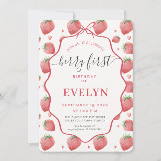 Convite Pink Coquette Bow Strawberry Berry First Birthday
