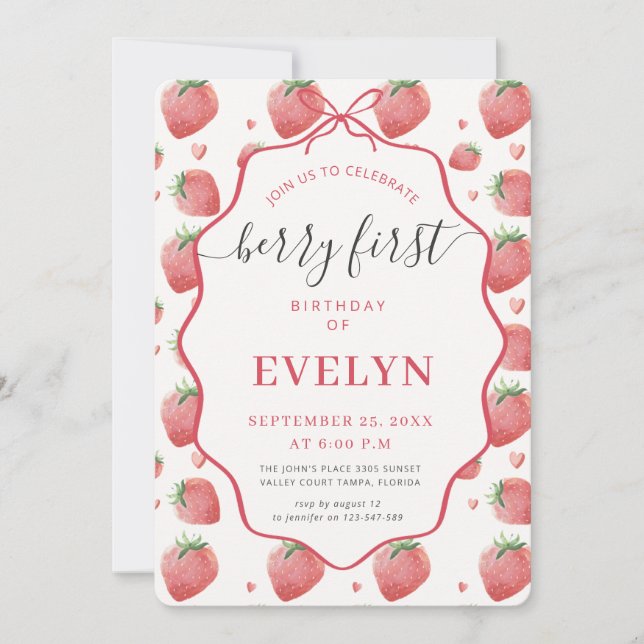 Convite Pink Coquette Bow Strawberry Berry First Birthday (Frente)