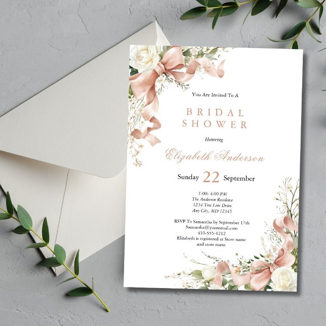 Convite Pink Coquette Bow Watercolor Floral Bridal Shower (Pink Coquette Bow, White Florals Bridal Shower invitation. Printed or Digital)