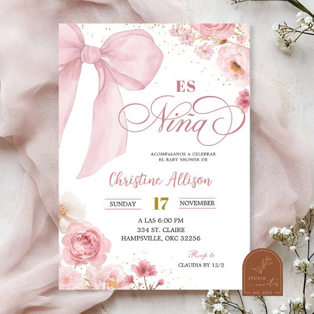 Convite Pink coquette floral  Es Nina Spanish Baby Shower (Criador carregado)