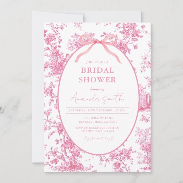 Convite Pink Coquette Floral Toile Bridal Shower (Frente)