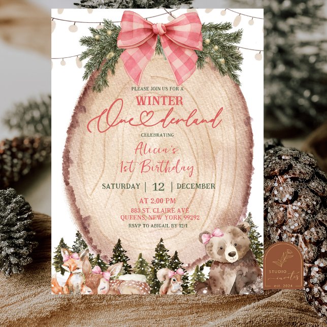 Convite Pink Coquette Rustic Winter Forest 1st Birthday  (Criador carregado)