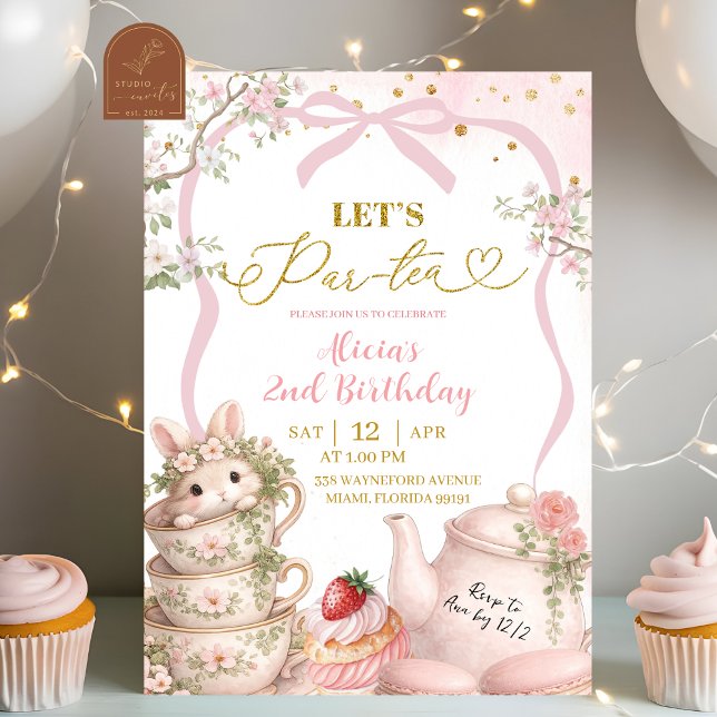 Convite Pink Coquette Spring Bunny Tea Par Tea Birthday (Criador carregado)