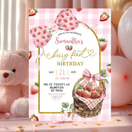 Convite Pink Coquette Strawberry Gingham First Birthday