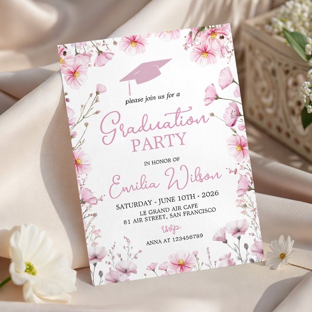Convite Pink Cosmos & Bee Graduation Invitation (Criador carregado)