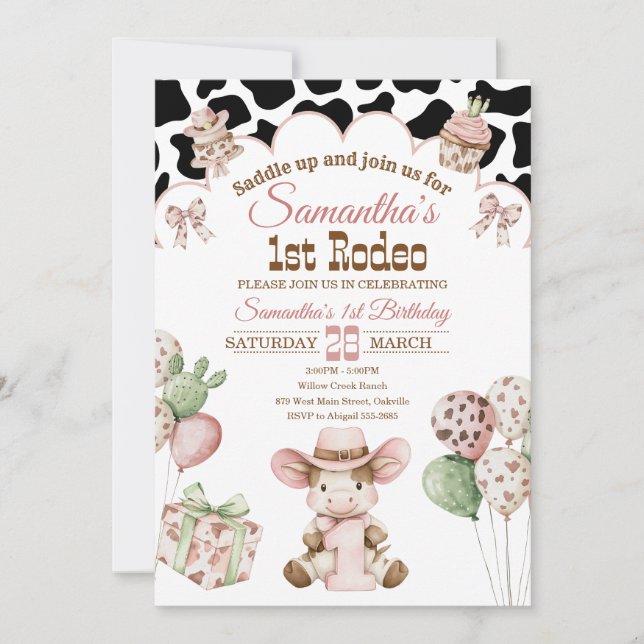 Convite Pink Cowgirl 1st Birthday Invitation | First Rodeo (Frente)