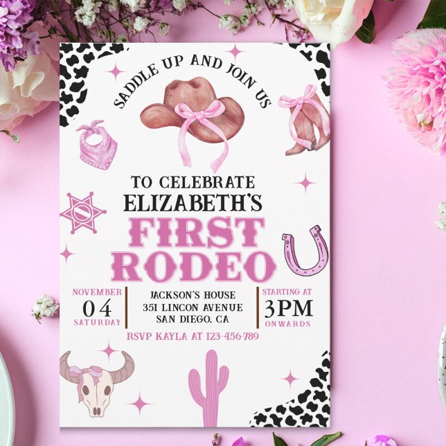 Convite Pink Cowgirl First Rodeo Birthday Western Party  (Criador carregado)
