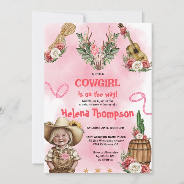 Convite Pink Cowgirl Western Baby Shower  (Frente)