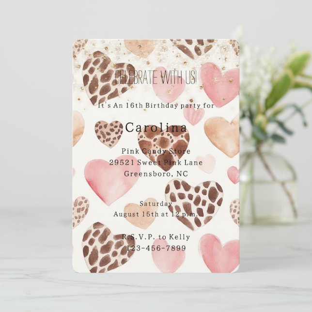Convite Pink Cream Animal Hearts Gold Sparkle Birthday (Em pé/Frente)