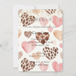 Convite Pink Cream Animal Hearts Gold Sparkle Birthday