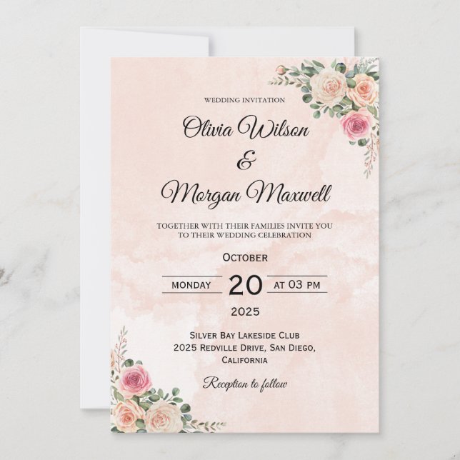 Convite Pink Cream Floral Chic Wedding Invitation (Frente)