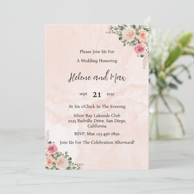 Convite Pink Cream Floral Elegant Wedding Invitation (Em pé/Frente)