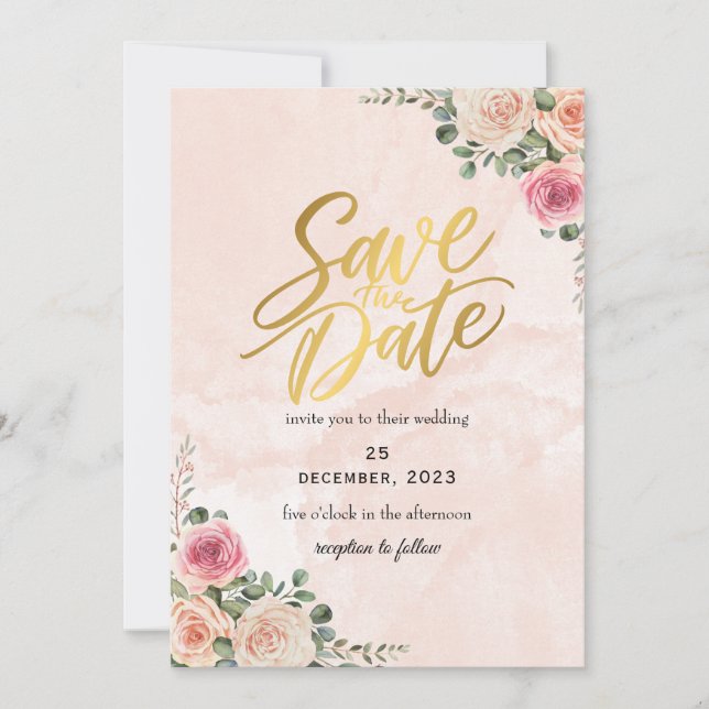 Convite Pink Cream Floral Elegant Wedding Save the Date  (Frente)