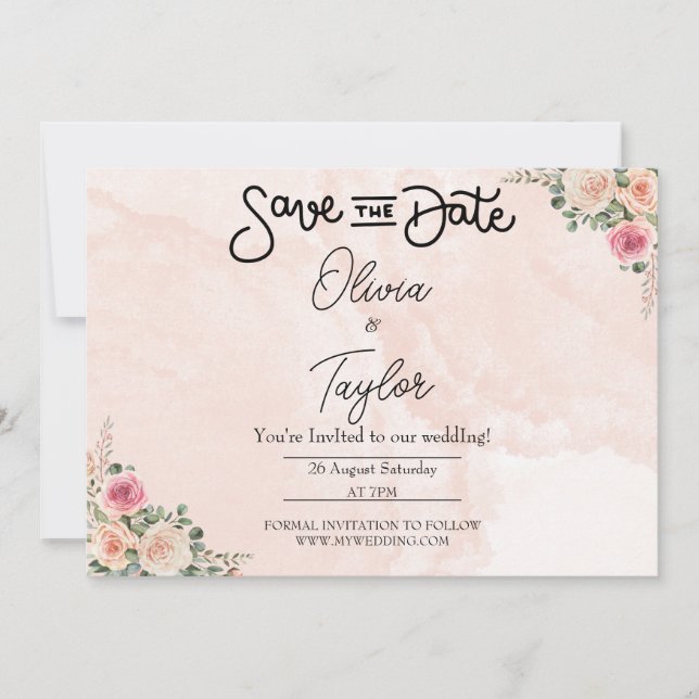 Convite Pink Cream Floral Wedding Save the Date Cards (Frente)