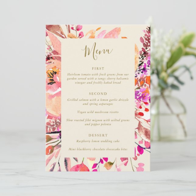 Convite Pink Cream Watercolor Floral Custom Wedding Menu (Em pé/Frente)