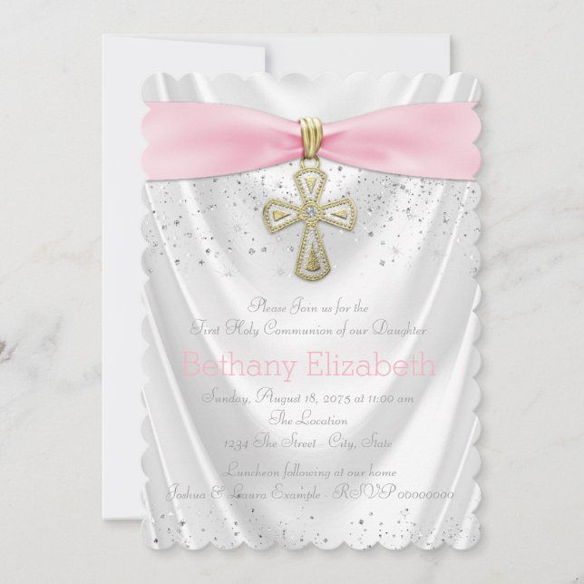 Convite Pink Cross First Communy White Satin (Frente)