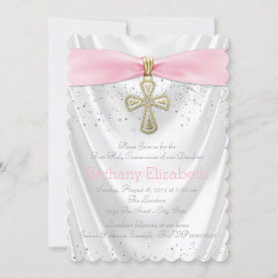 Convite Pink Cross First Communy White Satin