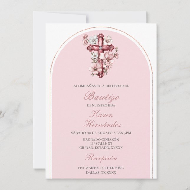 Convite Pink crucifix Baptism espanhol (Frente)