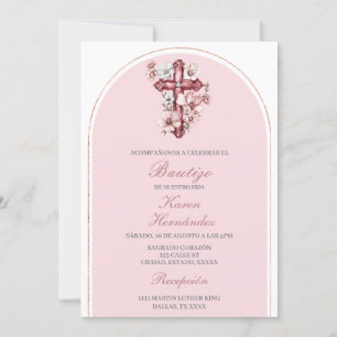 Convite Pink crucifix Baptism espanhol