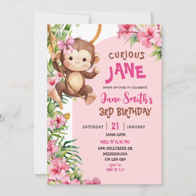 Convite Pink Curious Monkey Safari Theme Birthday (Frente)